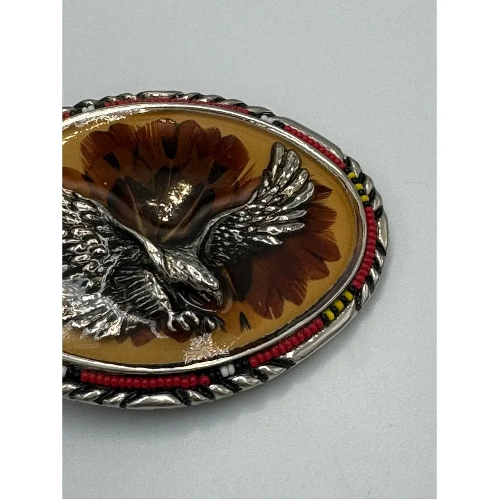 Vintage Western Eagle Feather Resin Belt Buckle Beaded Rope Edge Silver Tone
